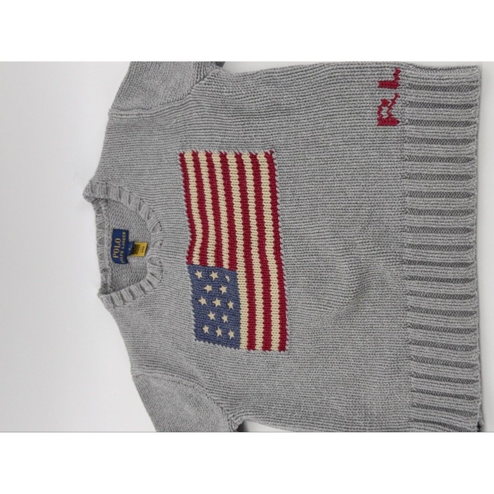 Polo Ralph Lauren American Flag Knit Sweater Kids Grey Size 6 Cotton Pullover - Picture 4 of 6